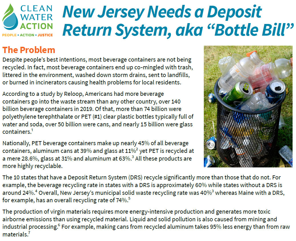 Image of Clean Water Action New Jersey's Bottle Bill Fact Sheet Cover