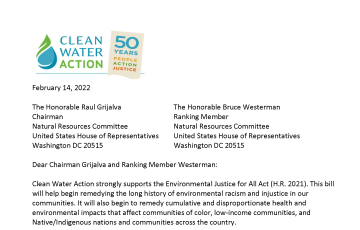 Clean Water Action Environmental Justice for All Act Support Letter
