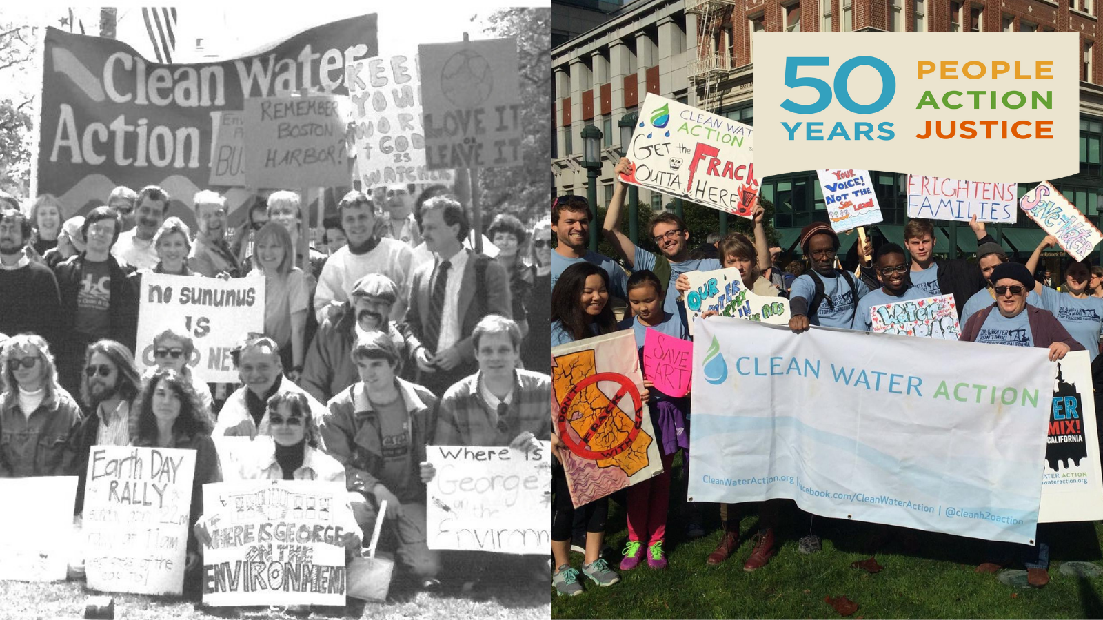 Image: A Clean Water Action Rally in the 80s side by side with a Rally in the 2010s