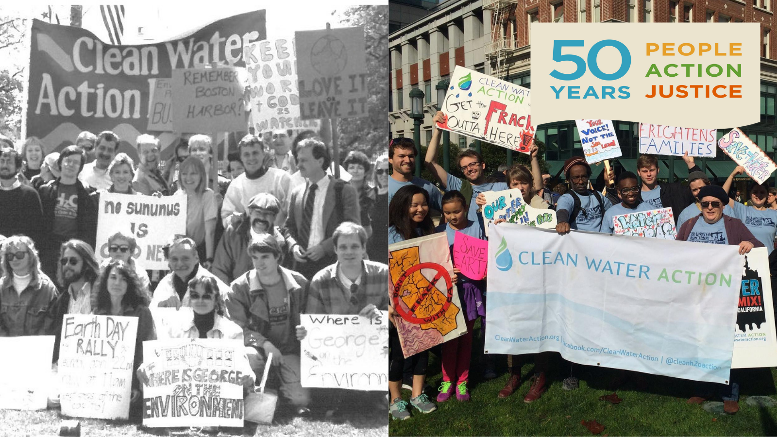 Clean Water Through the Years Image: A Clean Water Action Rally in the 80s side by side with a Rally in the 2010s