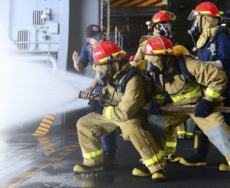 Firefighters using PFAS fire fighting foam