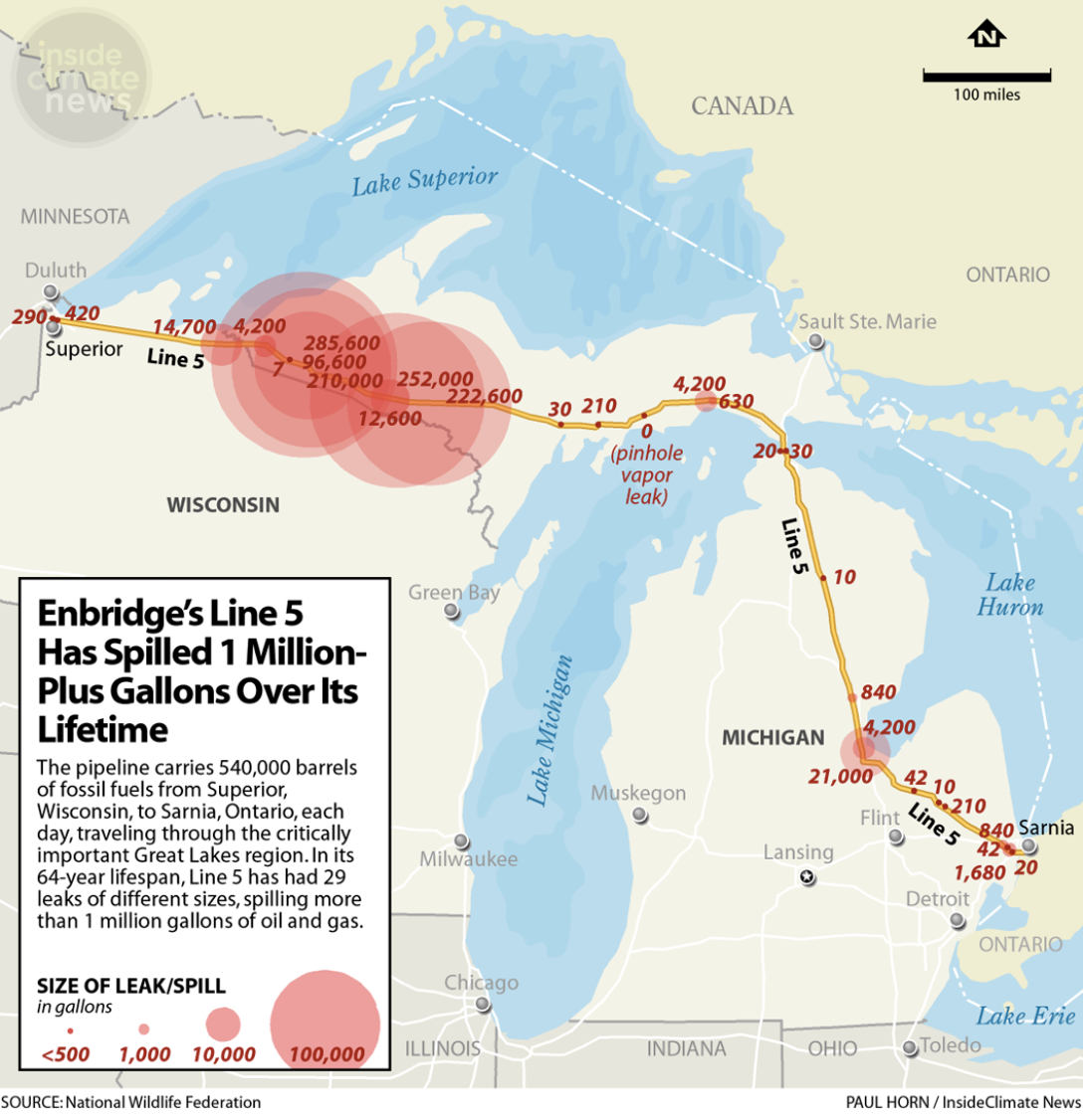 Line 5 cumulative spill map. Credit: National Wildlife Federation Map of Line 5 Spills