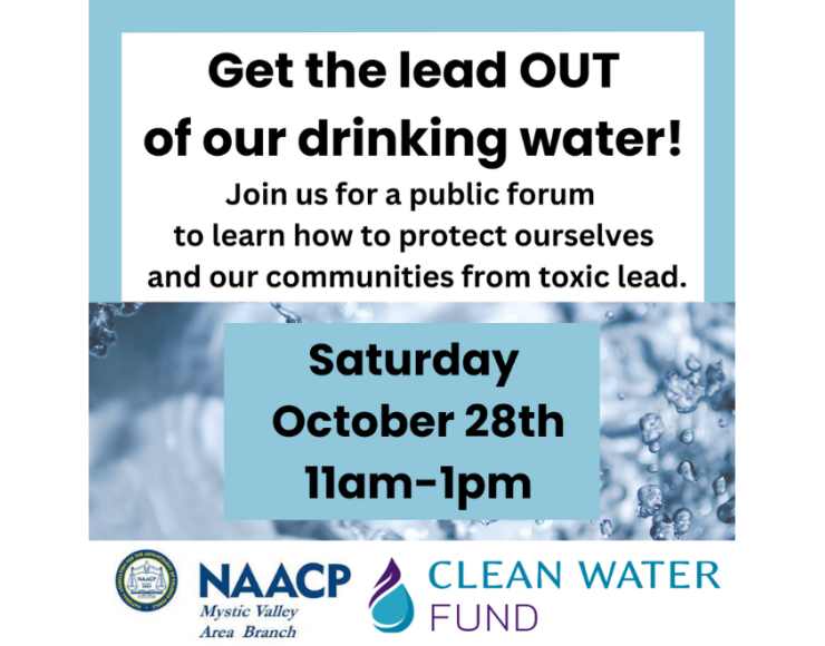 Image of text that says Get the Lead out of our drinking water, join us for a public form, by Clean Water Fund & NAACP