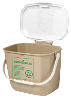 A brown rectangular bucket with a white lid and white handle labeled "Compostables."